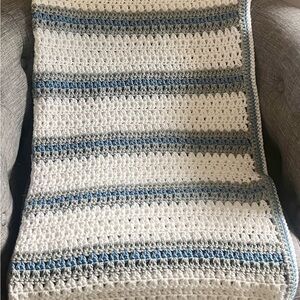 Handmade Crocheted Baby Blanket in Blue and Gray